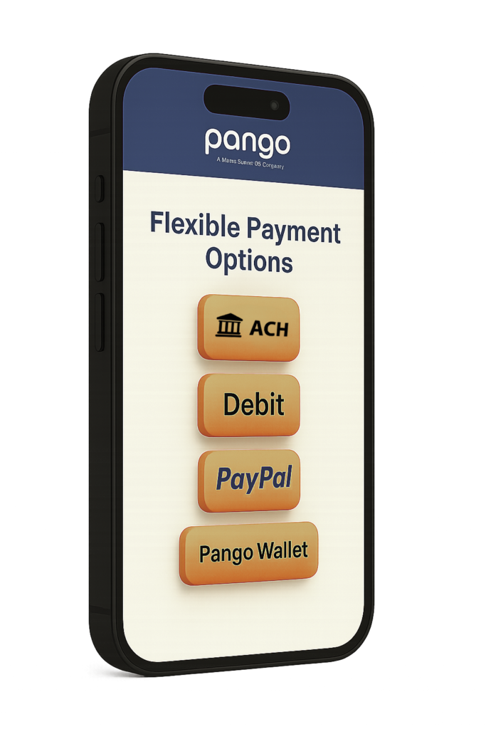 Phone screen showing flexible payment options available through Pango