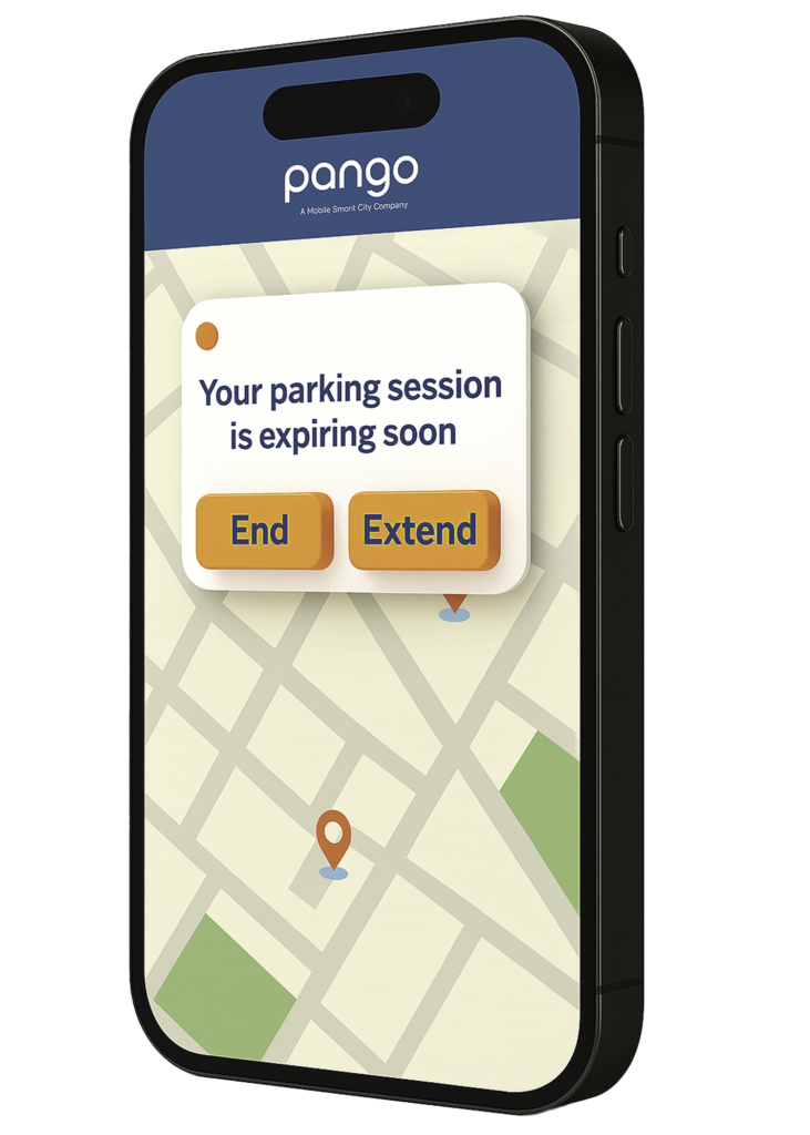 Smartphone showing the Pango app map with a notification that the parking session is expiring soon and options to end or extend.