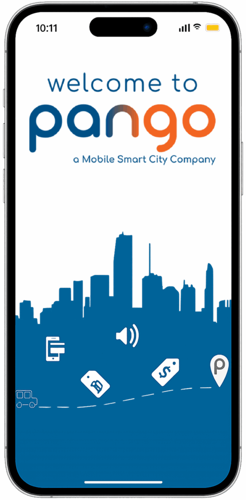 Smartphone displaying the Pango pSmartphone displaying the Pango parking app home screen with urban skyline and app icons.arking app home screen with urban skyline and app icons.